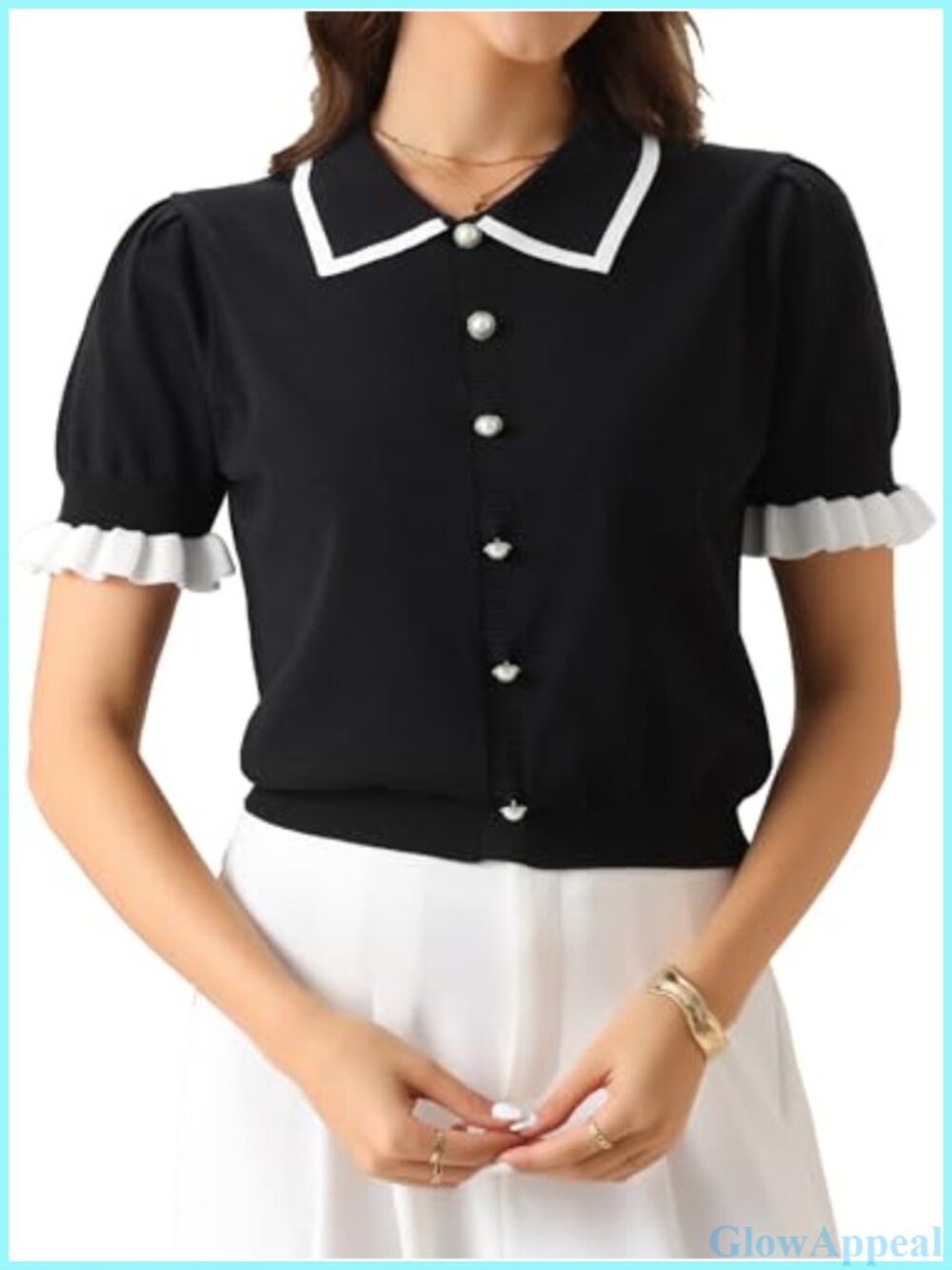 Women Short Sleeve Sweater Top Cropped Collared Work Shirt